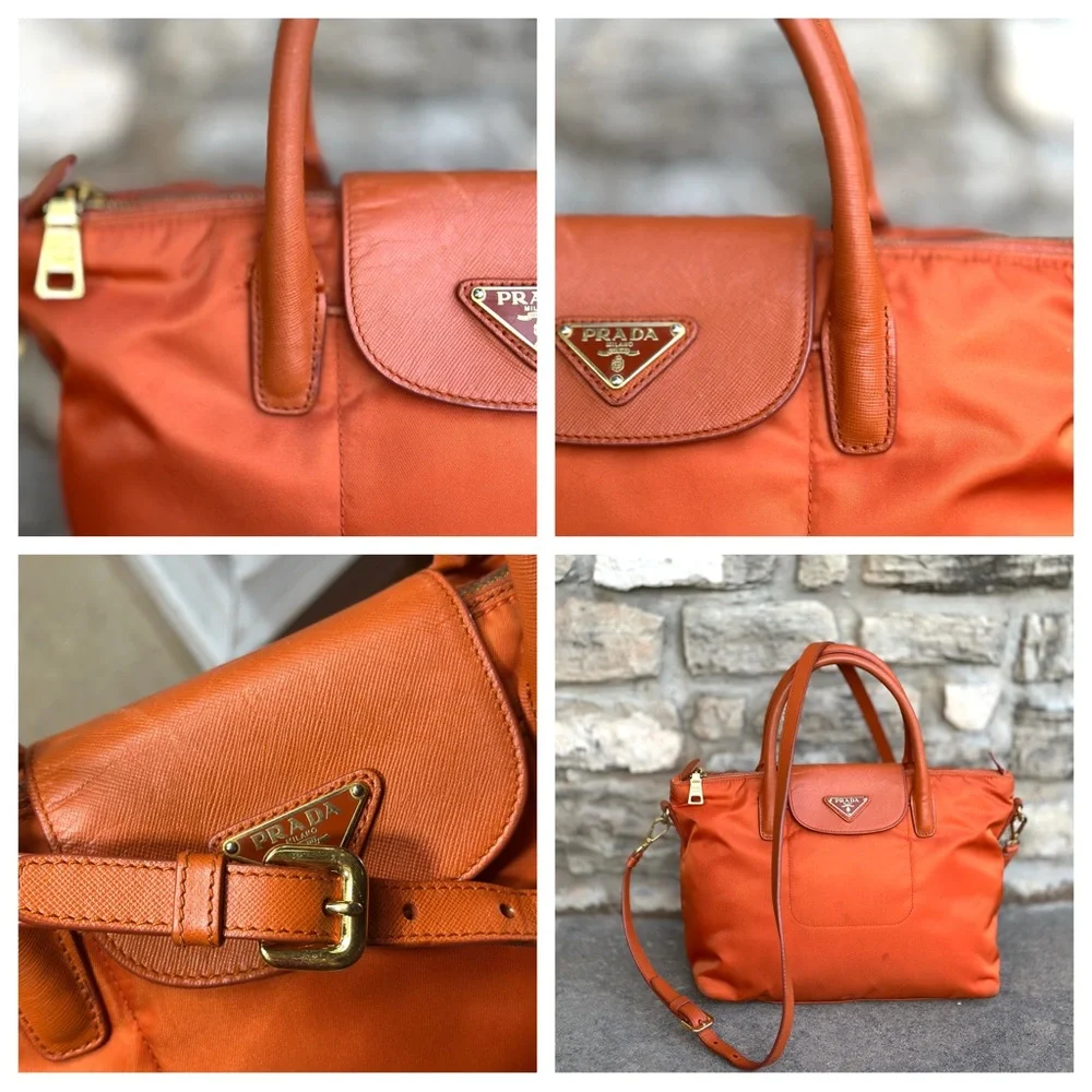 AUTHENTIC Prada Tessuto Nylon Saffiano Tote. Color: Papaya. - Picture 15 of 15